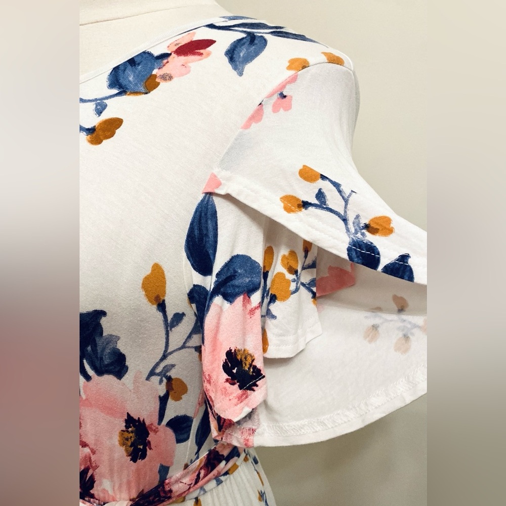 Levaca White Blue Pink Floral SZ S Romantic Boho Chic Coastal Ruffled Dress - Picture 7 of 12